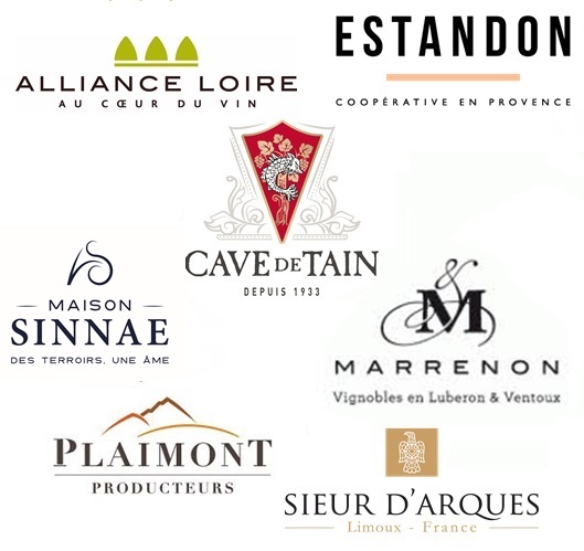 Les logos des coopératives partenaires des cavistes - Cave de Tain / Plaimont Producteurs / Sieur d'Arques / Marrenon / Sinnae / Alliance Loire / Estandon